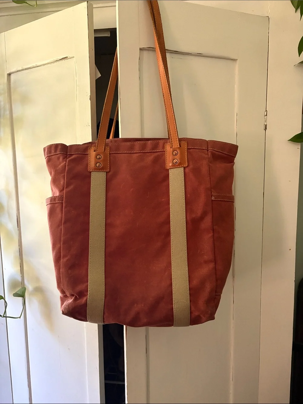 Artifact brand Rust Waxed Canvas Tote Bag with leather riveted handle